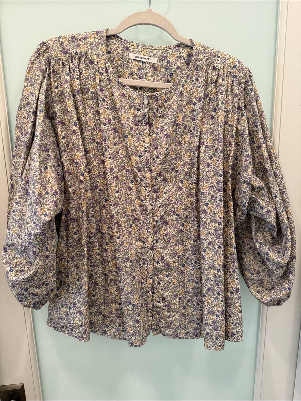 Emerson Fry Lavender Floral Button-Front Peasant Blouse